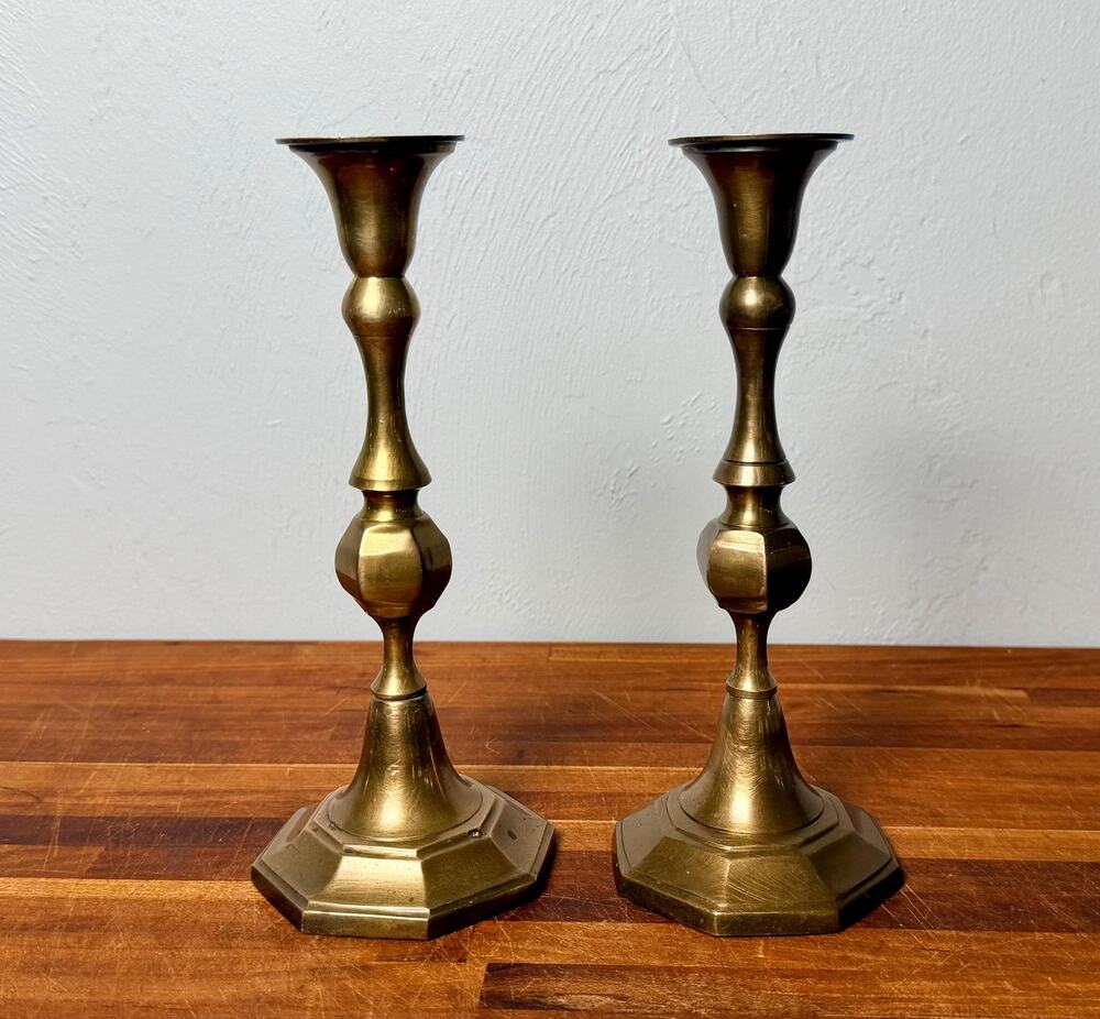 Vintage Brass Candlesticks Pair The Import Collection India 8.5” Octagonal